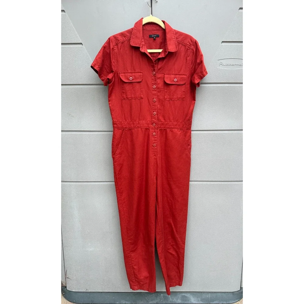 Quince Women Linen/Organic Cotton Utility Jumpsuit Overall Terracotta Sz S